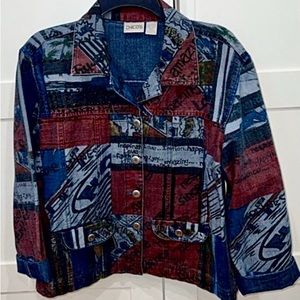 ▪️Chicos Black Marker Graffiti Inspirational Comic Red Blue Jean Denim Jacket M